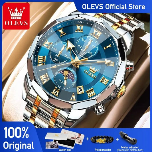Olevs 3675 Mens Multifunction Chronograph Quartz Watch Moon Phase Design