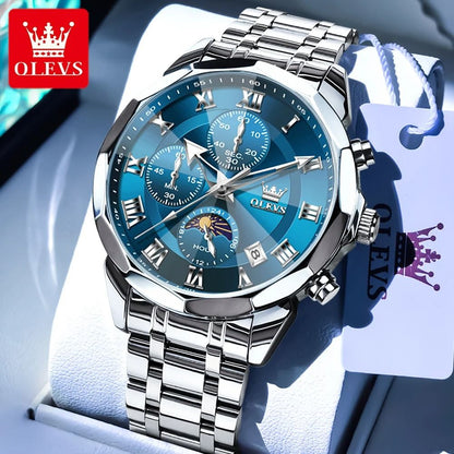 Olevs 3675 Mens Multifunction Chronograph Quartz Watch Moon Phase Design