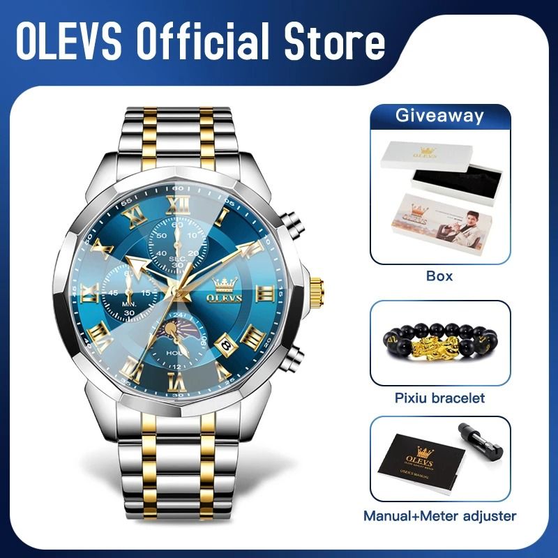 Olevs 3675 Mens Multifunction Chronograph Quartz Watch Moon Phase Design