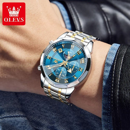 Olevs 3675 Mens Multifunction Chronograph Quartz Watch Moon Phase Design