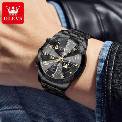 Olevs 3675 Mens Multifunction Chronograph Quartz Watch Moon Phase Design