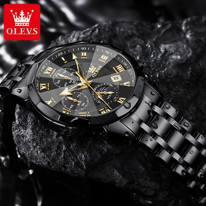 Olevs 3675 Mens Multifunction Chronograph Quartz Watch Moon Phase Design