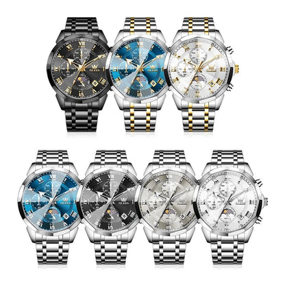 Olevs 3675 Mens Multifunction Chronograph Quartz Watch Moon Phase Design