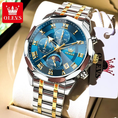 Olevs 3675 Mens Multifunction Chronograph Quartz Watch Moon Phase Design