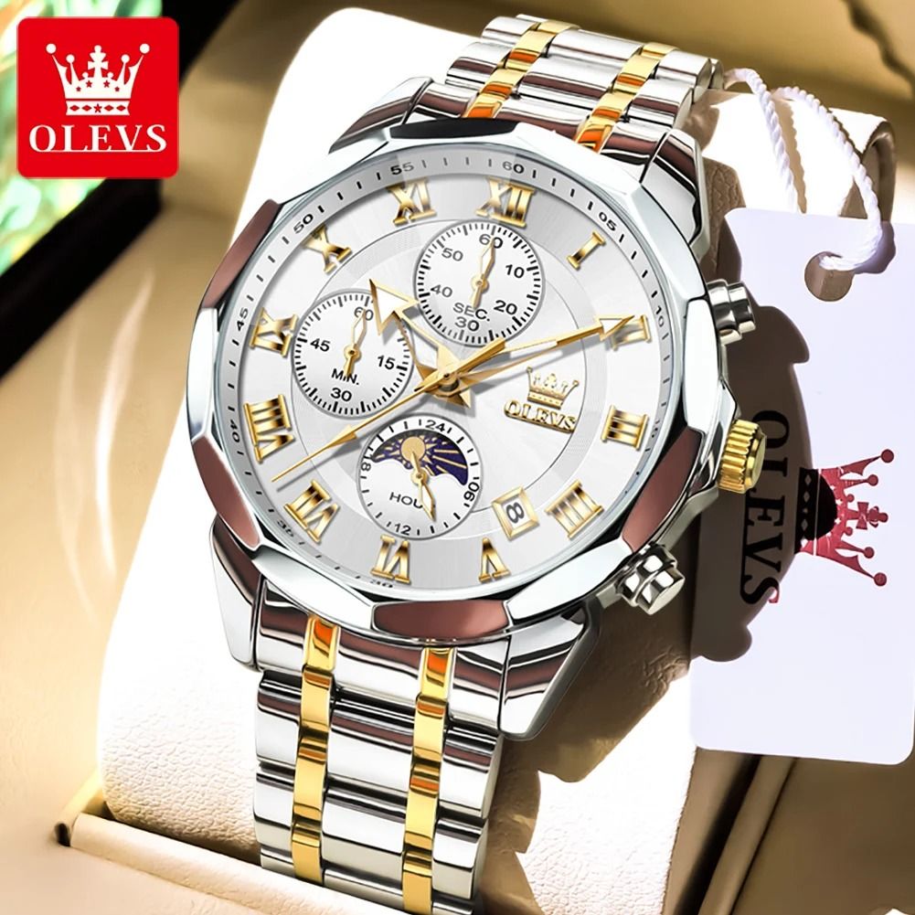 Olevs 3675 Mens Multifunction Chronograph Quartz Watch Moon Phase Design