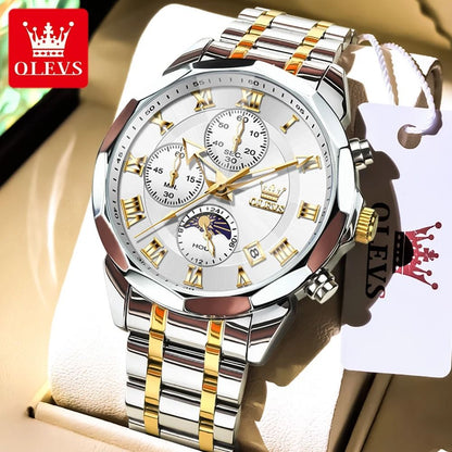 Olevs 3675 Mens Multifunction Chronograph Quartz Watch Moon Phase Design