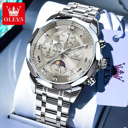 Olevs 3675 Mens Multifunction Chronograph Quartz Watch Moon Phase Design