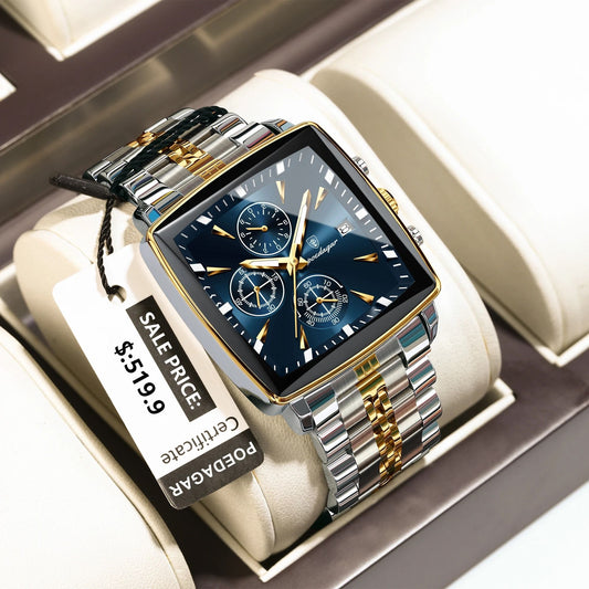 Poedagar Luminous Waterproof Chronograph Quartz Watch for Men Square Stainless Steel