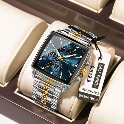 Poedagar Luminous Waterproof Chronograph Quartz Watch for Men Square Stainless Steel