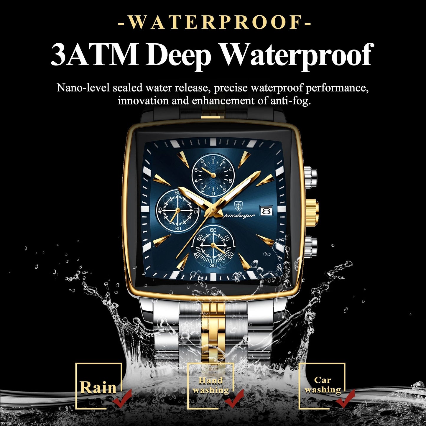 Poedagar Luminous Waterproof Chronograph Quartz Watch for Men Square Stainless Steel