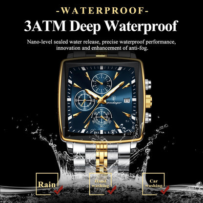 Poedagar Luminous Waterproof Chronograph Quartz Watch for Men Square Stainless Steel