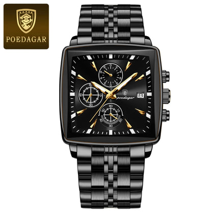 Poedagar Luminous Waterproof Chronograph Quartz Watch for Men Square Stainless Steel