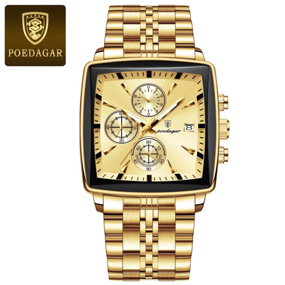 Poedagar Luminous Waterproof Chronograph Quartz Watch for Men Square Stainless Steel