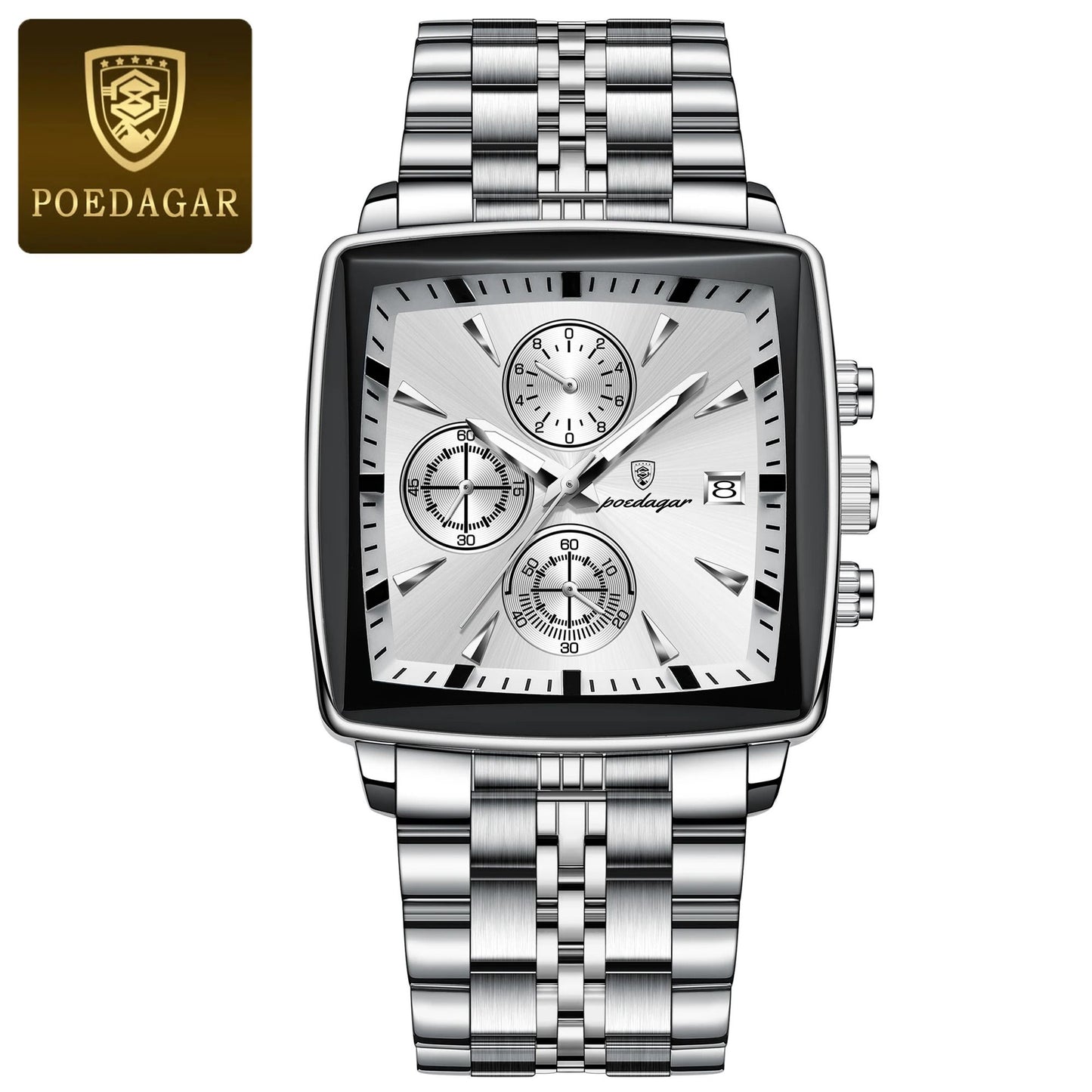 Poedagar Luminous Waterproof Chronograph Quartz Watch for Men Square Stainless Steel
