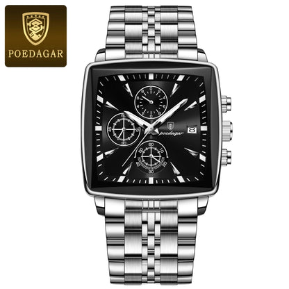 Poedagar Luminous Waterproof Chronograph Quartz Watch for Men Square Stainless Steel
