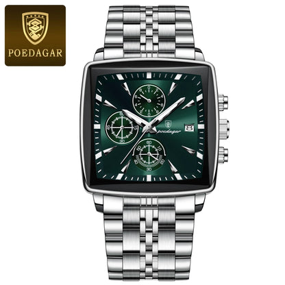 Poedagar Luminous Waterproof Chronograph Quartz Watch for Men Square Stainless Steel