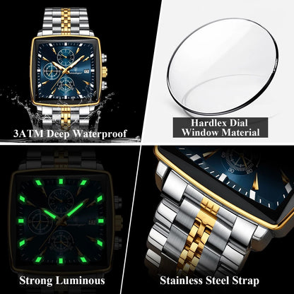 Poedagar Luminous Waterproof Chronograph Quartz Watch for Men Square Stainless Steel