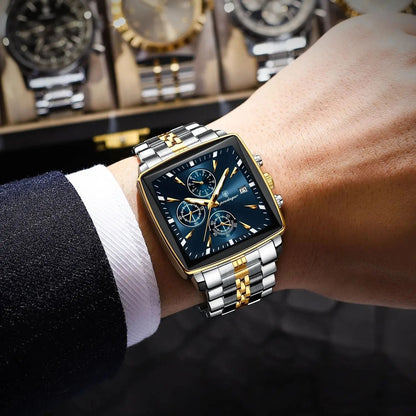 Poedagar Luminous Waterproof Chronograph Quartz Watch for Men Square Stainless Steel