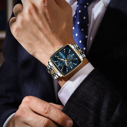 Poedagar Luminous Waterproof Chronograph Quartz Watch for Men Square Stainless Steel
