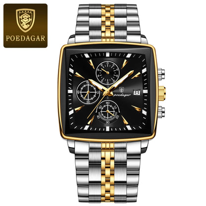 Poedagar Luminous Waterproof Chronograph Quartz Watch for Men Square Stainless Steel