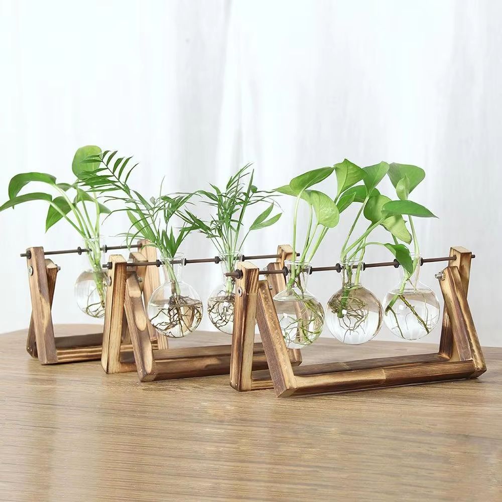 Wooden Frame Hydroponic Glass Vase – Tabletop Terrarium Planter for Home Decoration