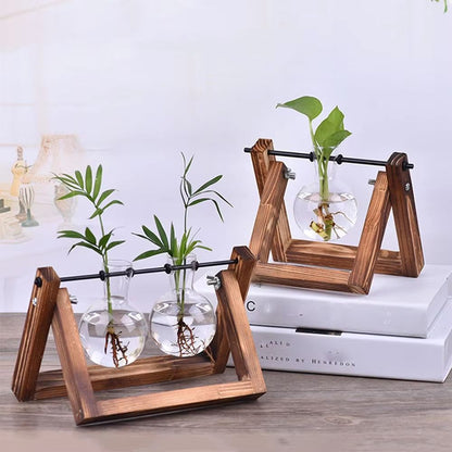 Wooden Frame Hydroponic Glass Vase – Tabletop Terrarium Planter for Home Decoration