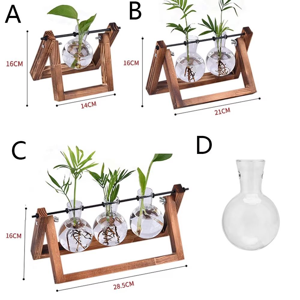 Wooden Frame Hydroponic Glass Vase – Tabletop Terrarium Planter for Home Decoration