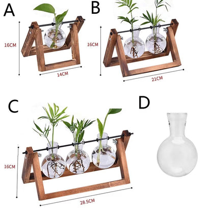 Wooden Frame Hydroponic Glass Vase – Tabletop Terrarium Planter for Home Decoration