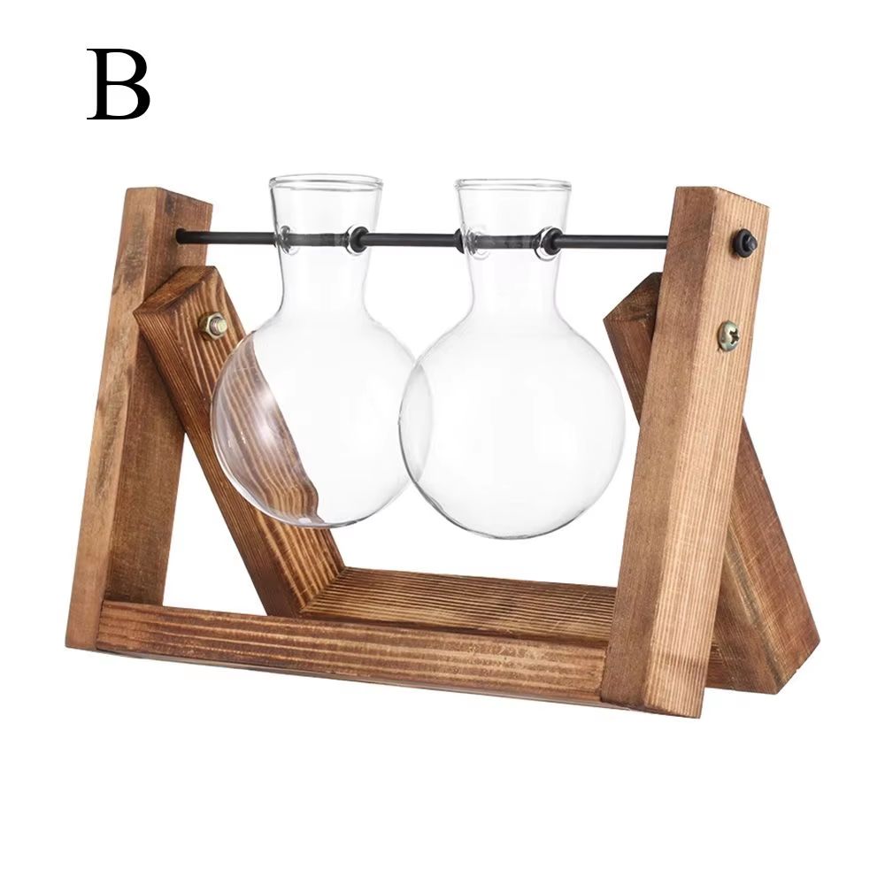 Wooden Frame Hydroponic Glass Vase – Tabletop Terrarium Planter for Home Decoration