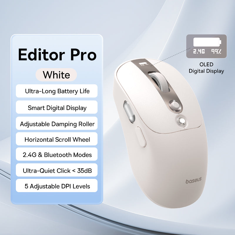 Rechargeable Ergonomic Mice Digital Display, Baseus Bluetooth Wireless Mouse, Two Scroll Wheels, Customizable Button