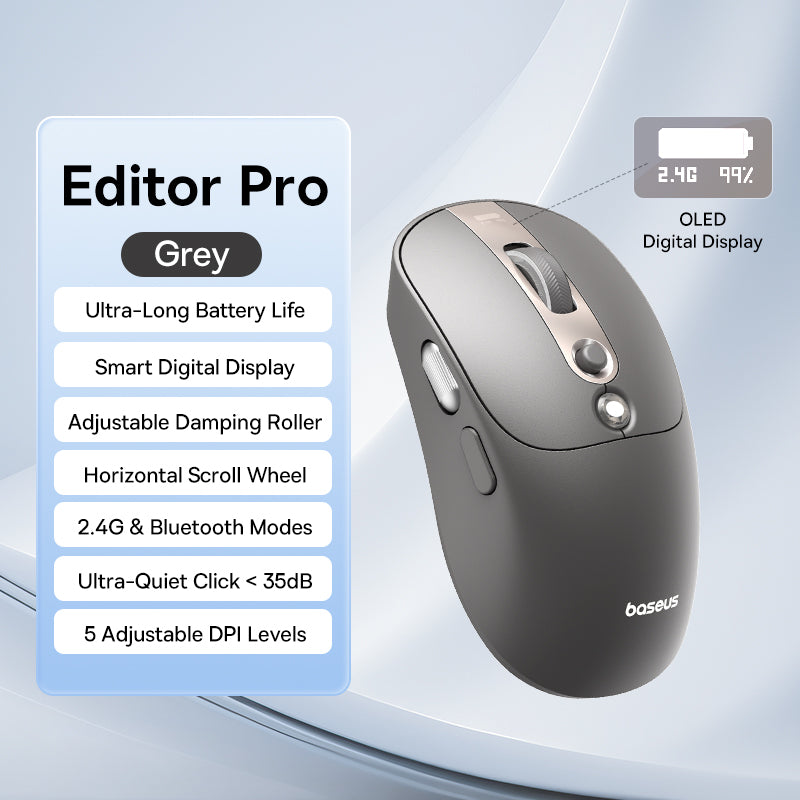 Rechargeable Ergonomic Mice Digital Display, Baseus Bluetooth Wireless Mouse, Two Scroll Wheels, Customizable Button