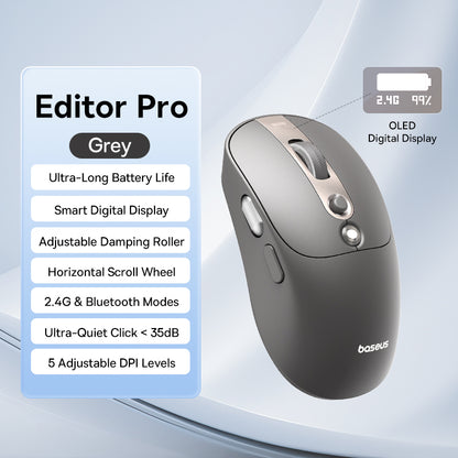 Rechargeable Ergonomic Mice Digital Display, Baseus Bluetooth Wireless Mouse, Two Scroll Wheels, Customizable Button
