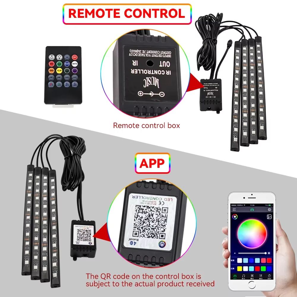 LED Car Interior Ambient Lights – RGB Footwell Lamp Kit with Remote & APP Music Control