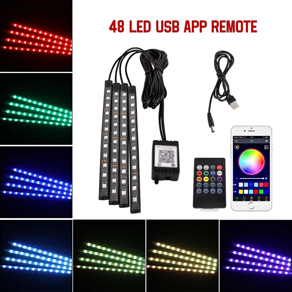 LED Car Interior Ambient Lights – RGB Footwell Lamp Kit with Remote & APP Music Control