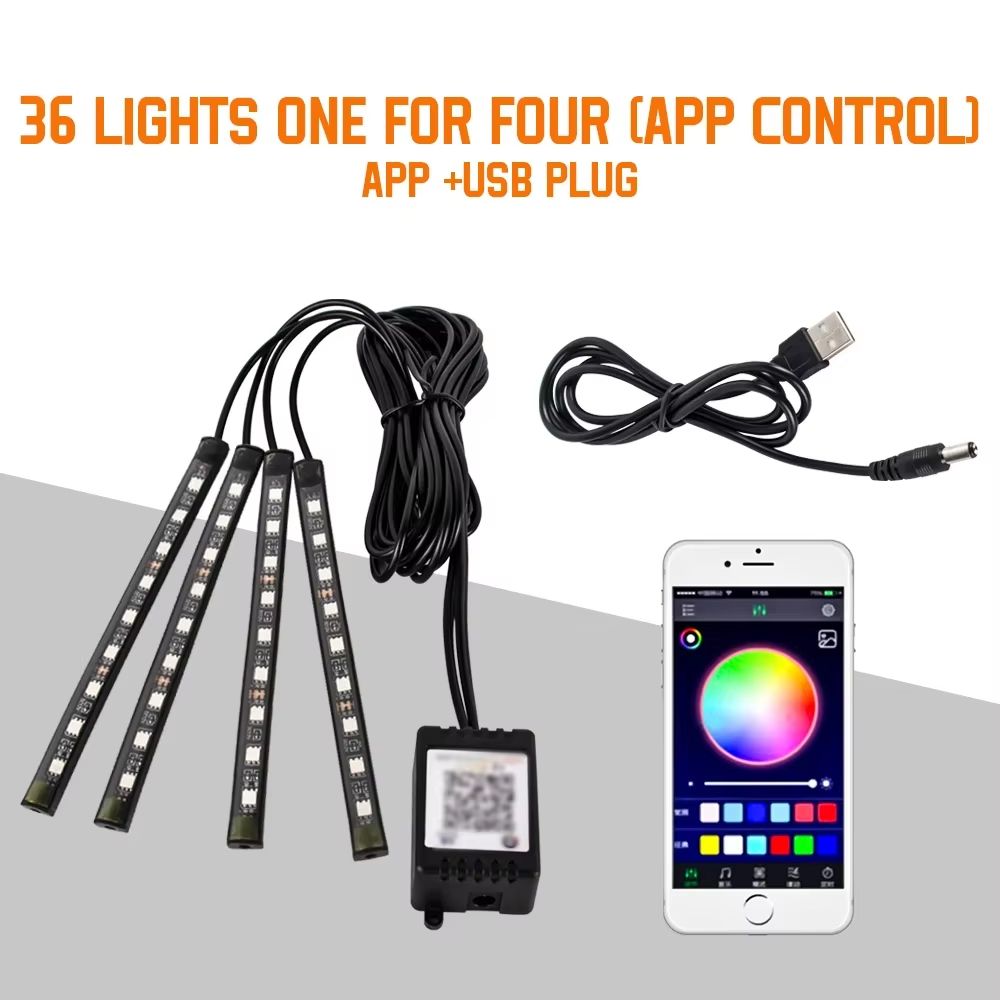 LED Car Interior Ambient Lights – RGB Footwell Lamp Kit with Remote & APP Music Control