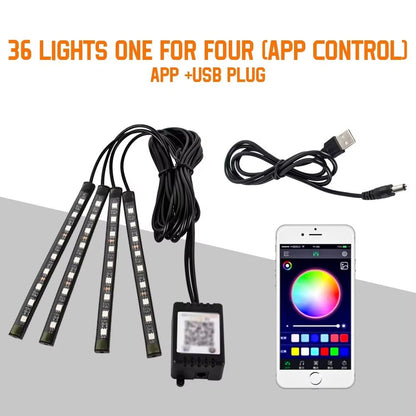 LED Car Interior Ambient Lights – RGB Footwell Lamp Kit with Remote & APP Music Control