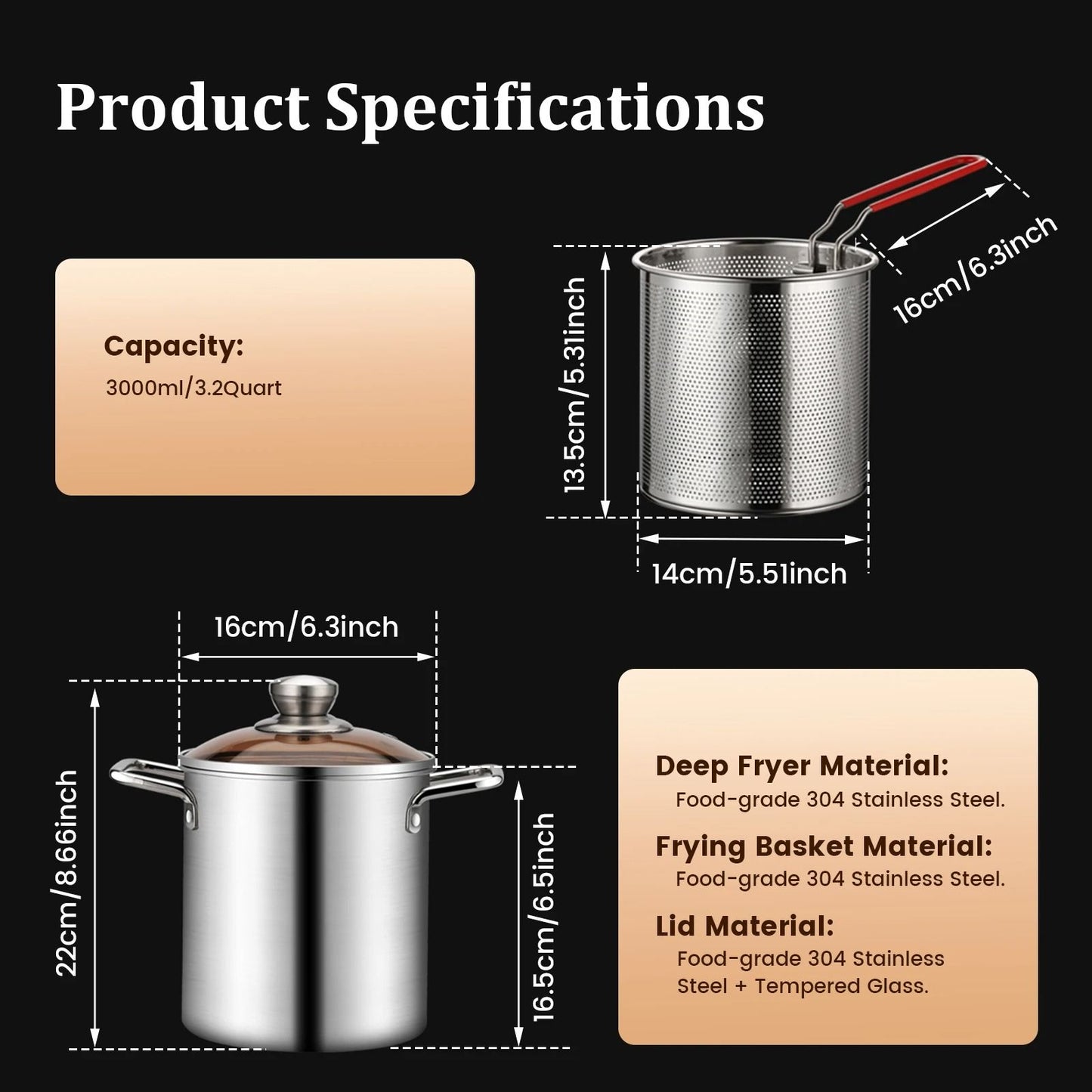 Stainless Steel Deep Frying Pot with Basket and Lid