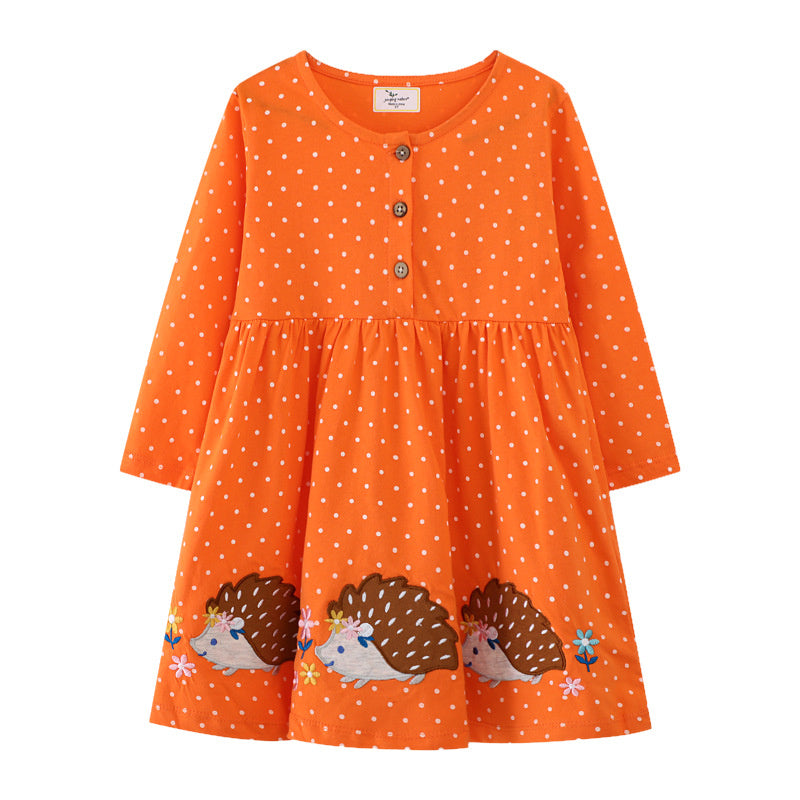 Jumping Meters Girls Dress, 2-7T Dancing Baby Long Sleeve, Cute Party Dress with Animals Applique and Dots, Childrens