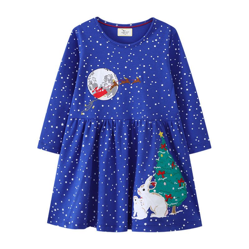 Jumping Meters Girls Dress, 2-7T Dancing Baby Long Sleeve, Cute Party Dress with Animals Applique and Dots, Childrens