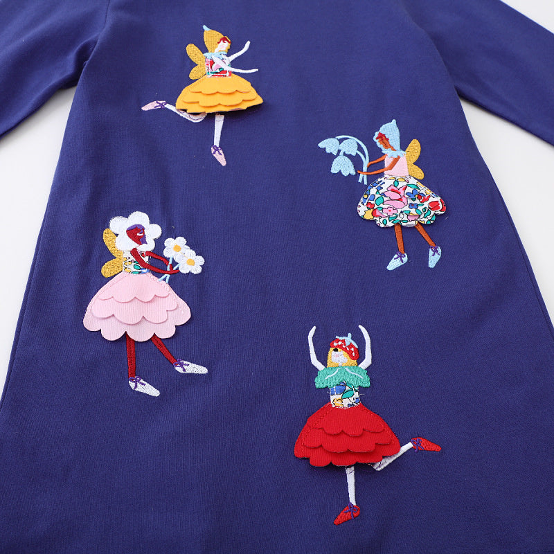 Jumping Meters Girls Dress, 2-7T Dancing Baby Long Sleeve, Cute Party Dress with Animals Applique and Dots, Childrens