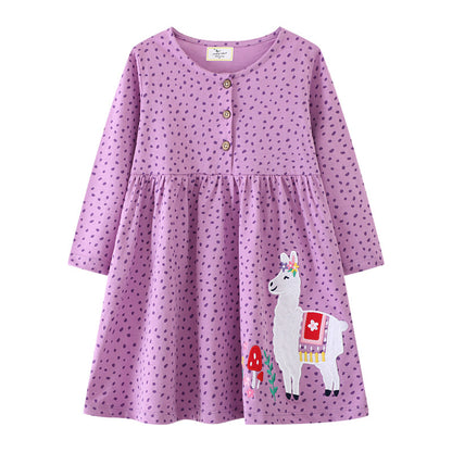 Jumping Meters Girls Dress, 2-7T Dancing Baby Long Sleeve, Cute Party Dress with Animals Applique and Dots, Childrens