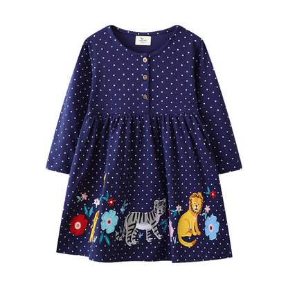 Jumping Meters Girls Dress, 2-7T Dancing Baby Long Sleeve, Cute Party Dress with Animals Applique and Dots, Childrens