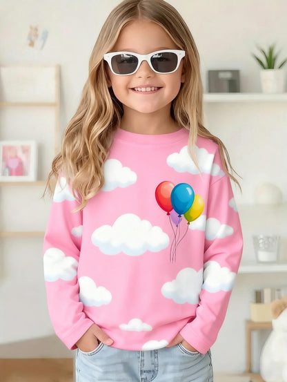 Cute Pink Clouds 3D Print Kids T-Shirt, Girls Long Sleeve Top, Casual Comfort Childrens Clothing for Autumn Outdoors