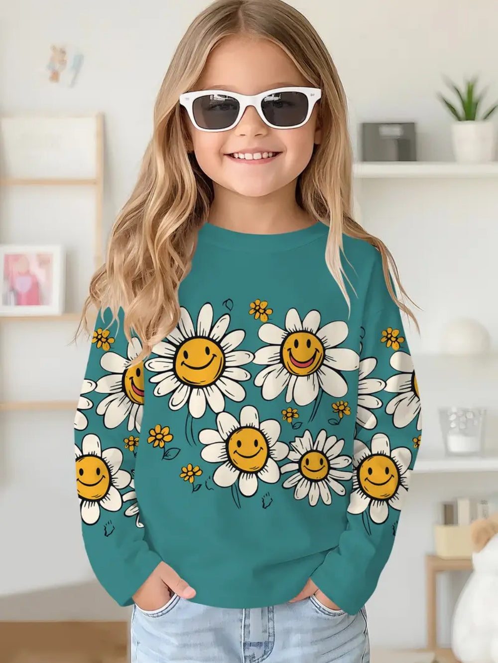 Cute Pink Clouds 3D Print Kids T-Shirt, Girls Long Sleeve Top, Casual Comfort Childrens Clothing for Autumn Outdoors