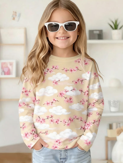 Cute Pink Clouds 3D Print Kids T-Shirt, Girls Long Sleeve Top, Casual Comfort Childrens Clothing for Autumn Outdoors
