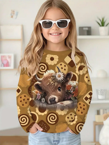 Cute Pink Clouds 3D Print Kids T-Shirt, Girls Long Sleeve Top, Casual Comfort Childrens Clothing for Autumn Outdoors