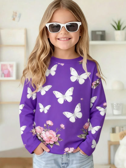 Cute Pink Clouds 3D Print Kids T-Shirt, Girls Long Sleeve Top, Casual Comfort Childrens Clothing for Autumn Outdoors