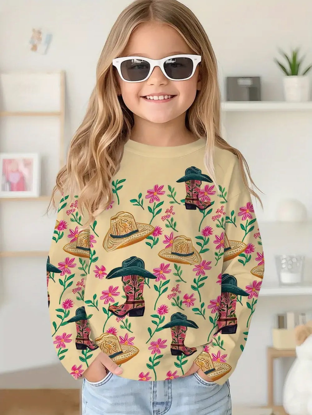Cute Pink Clouds 3D Print Kids T-Shirt, Girls Long Sleeve Top, Casual Comfort Childrens Clothing for Autumn Outdoors
