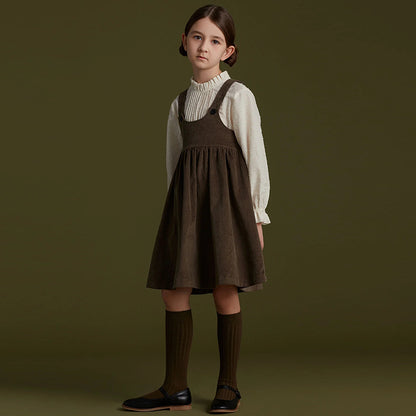 Autumn Fashion, Girls Corduroy Dress, Retro Style, Adjustable Straps, Casual Loose Fit, Sleeveless Ruched Design, C