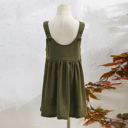 Autumn Fashion, Girls Corduroy Dress, Retro Style, Adjustable Straps, Casual Loose Fit, Sleeveless Ruched Design, C